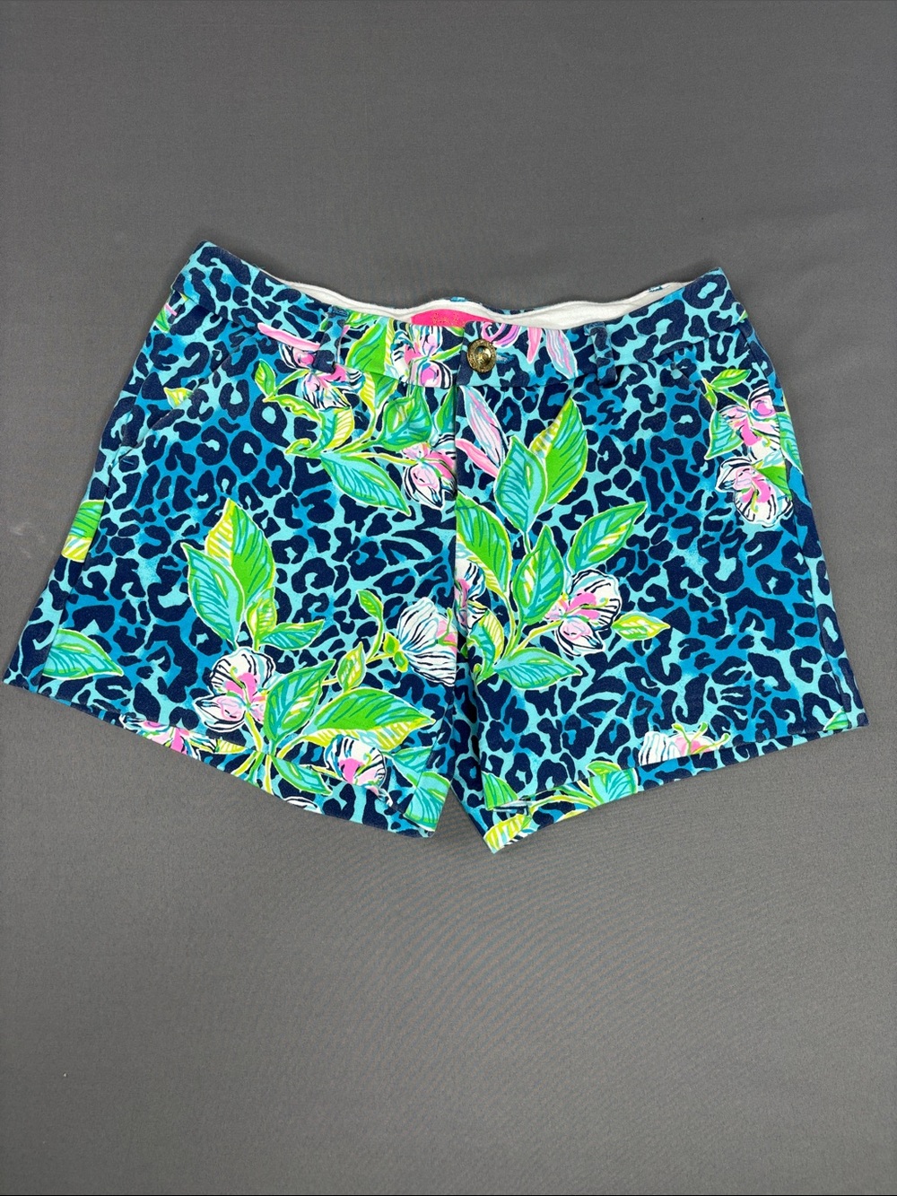 Lilly Pulitzer Cat Call Shorts Womens 2 Blue Floral Leopard Print Bermuda Blue